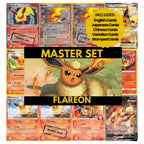 Flareon binder pages set showing grayscale and color Pokémon cards, designed as a digital download to complete a collector’s binder.