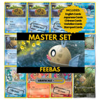 Feebas binder pages set showing grayscale and color Pokémon cards, designed as a digital download to complete a collector’s binder.