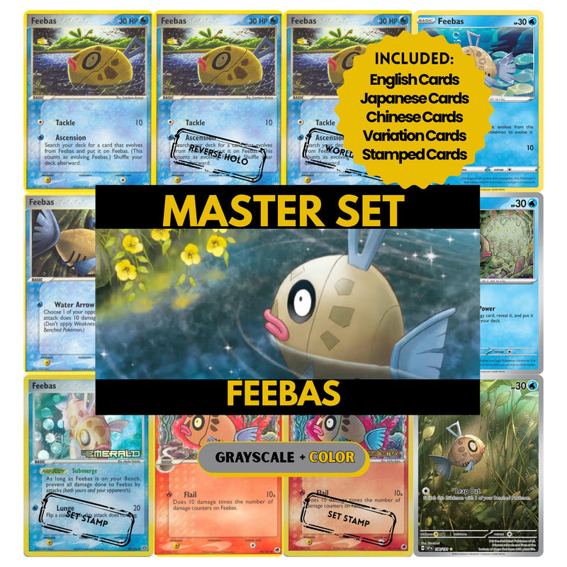 Feebas binder pages set showing grayscale and color Pokémon cards, designed as a digital download to complete a collector’s binder.