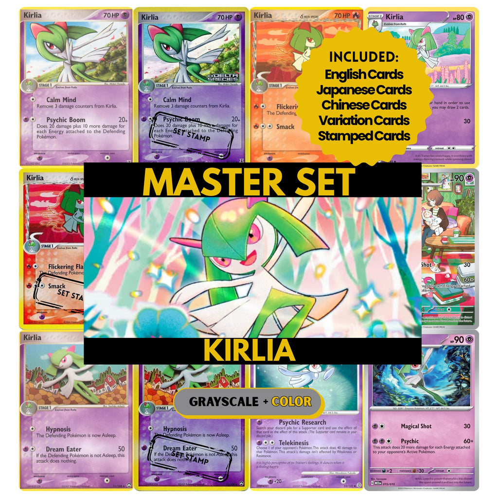 Kirlia binder pages set showing grayscale and color Pokémon cards, designed as a digital download to complete a collector’s binder.
