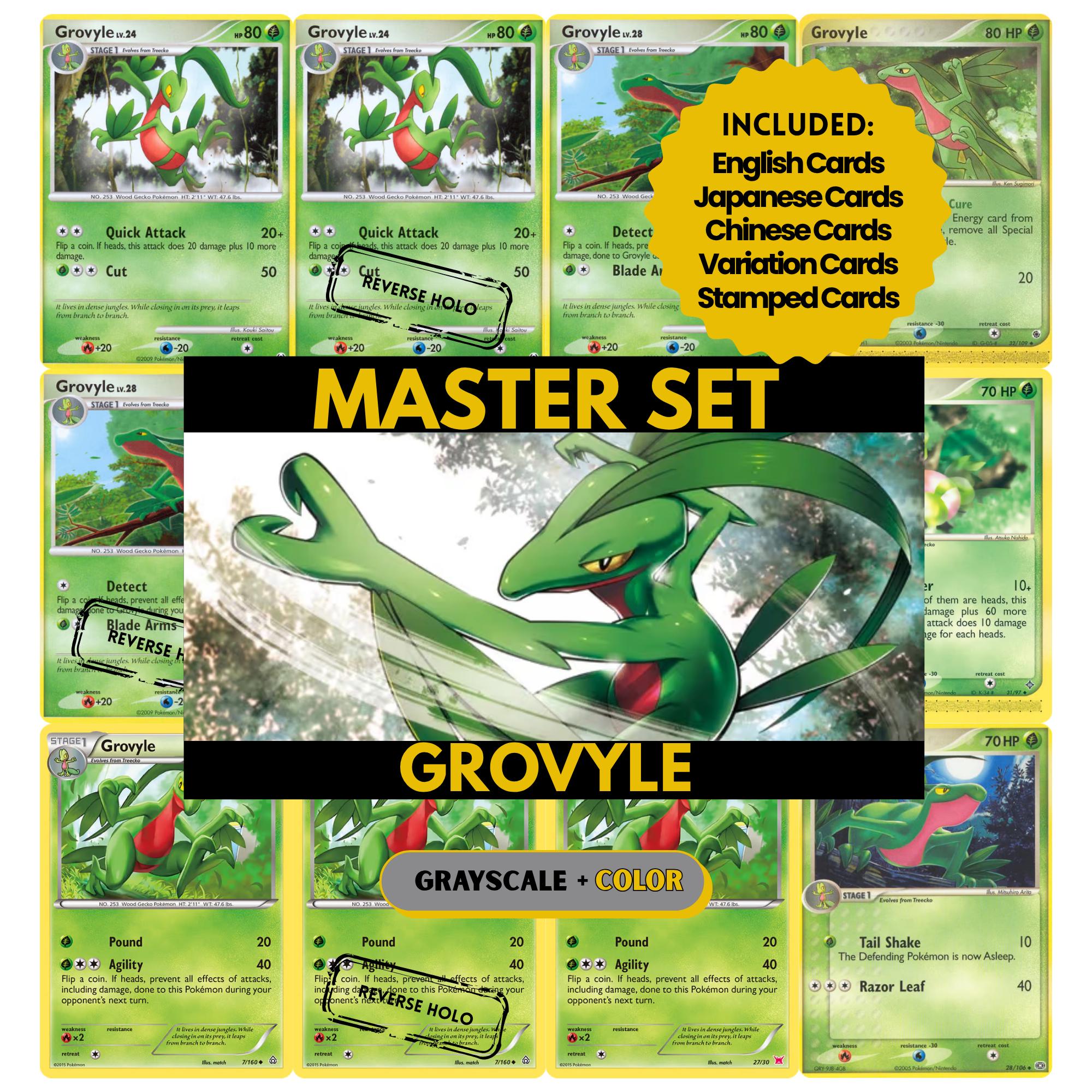 Grovyle binder pages set showing grayscale and color Pokémon cards, designed as a digital download to complete a collector’s binder.