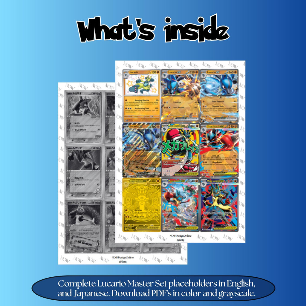 Lucario binder pages set overview showing the included Pokémon cards to print and cut for your binder sleeves.