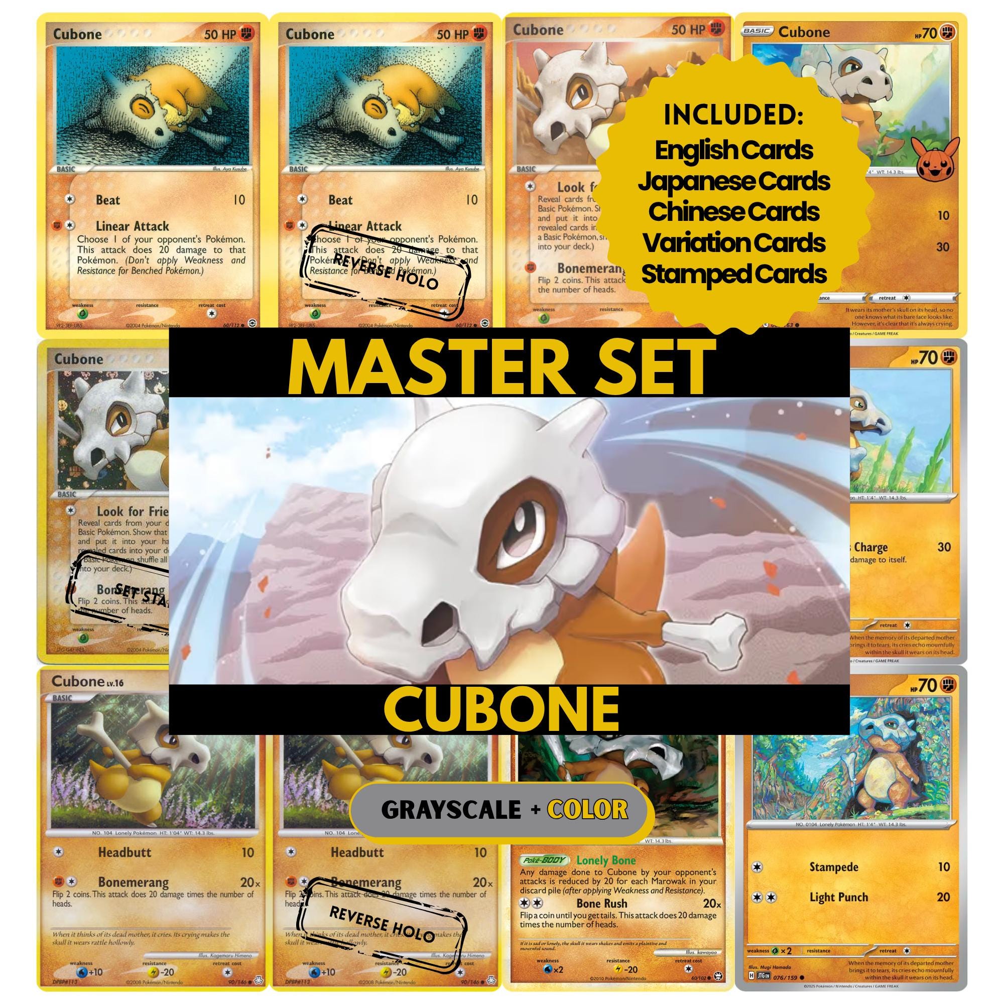 Cubone binder pages set showing grayscale and color Pokémon cards, designed as a digital download to complete a collector’s binder.