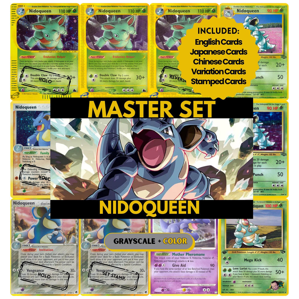 Nidoqueen binder pages set showing grayscale and color Pokémon cards, designed as a digital download to complete a collector’s binder.