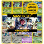 Nidoqueen binder pages set showing grayscale and color Pokémon cards, designed as a digital download to complete a collector’s binder.