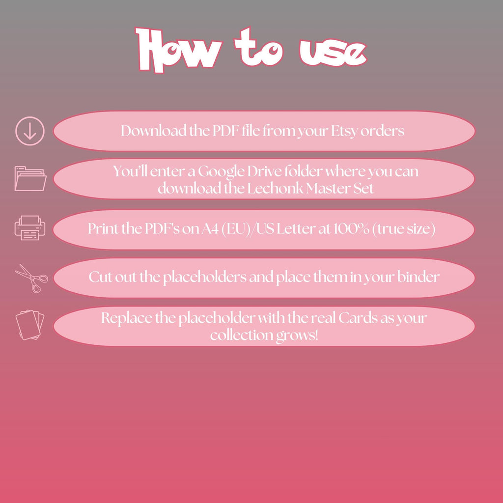 Lechonk cards digital download instructions explaining how to print, cut, and place placeholders in a Pokémon binder.