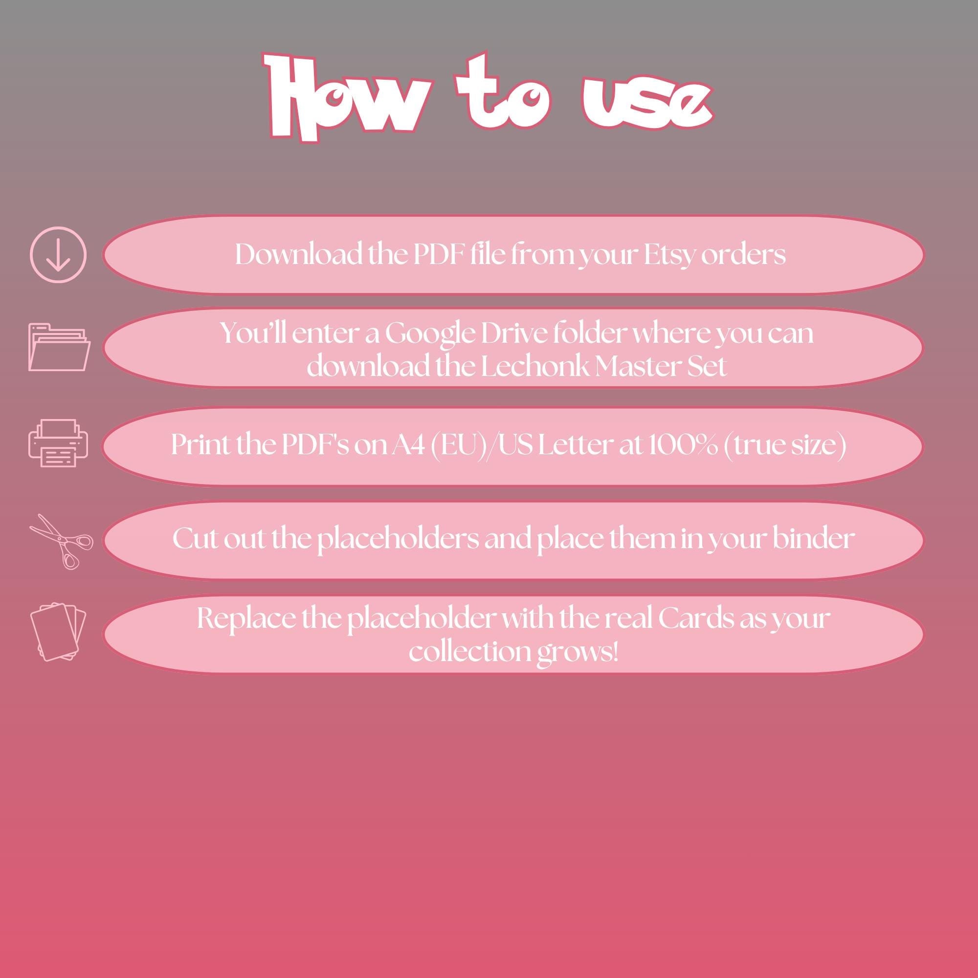 Lechonk cards digital download instructions explaining how to print, cut, and place placeholders in a Pokémon binder.