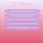 Glameow cards digital download instructions explaining how to print, cut, and place placeholders in a Pokémon binder.