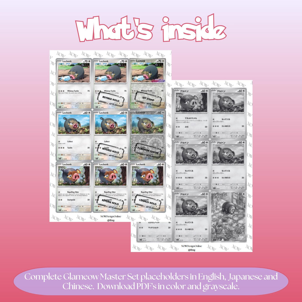 Glameow binder pages set overview showing the included Pokémon cards to print and cut for your binder sleeves.