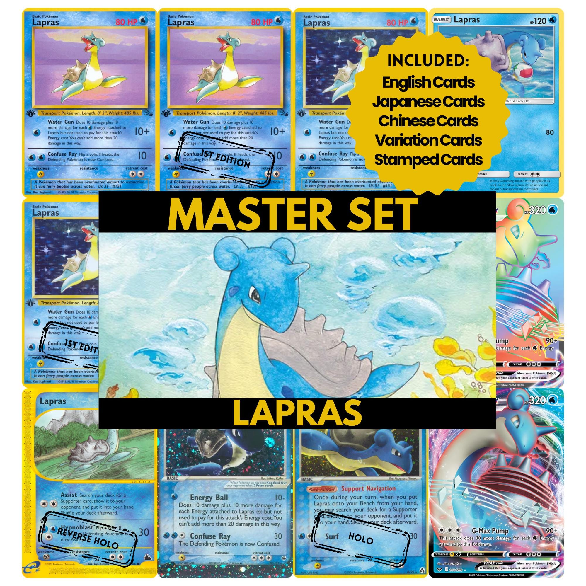 Lapras binder pages set showing grayscale and color Pokémon cards, designed as a digital download to complete a collector’s binder.