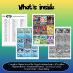 Complete Mega Evolution Set with Chaos Rising, Perfect Order, Ascended Heroes and Phantasmal Flames master set overview showing the included Pokémon cards to print and a full color checklist for the Mega Evolution binder.