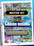 Chaos Rising master set binder page showing grayscale and color Pokémon cards, designed as a digital download with checklist to complete a collector’s binder.