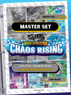 Chaos Rising master set binder page showing grayscale and color Pokémon cards, designed as a digital download with checklist to complete a collector’s binder.