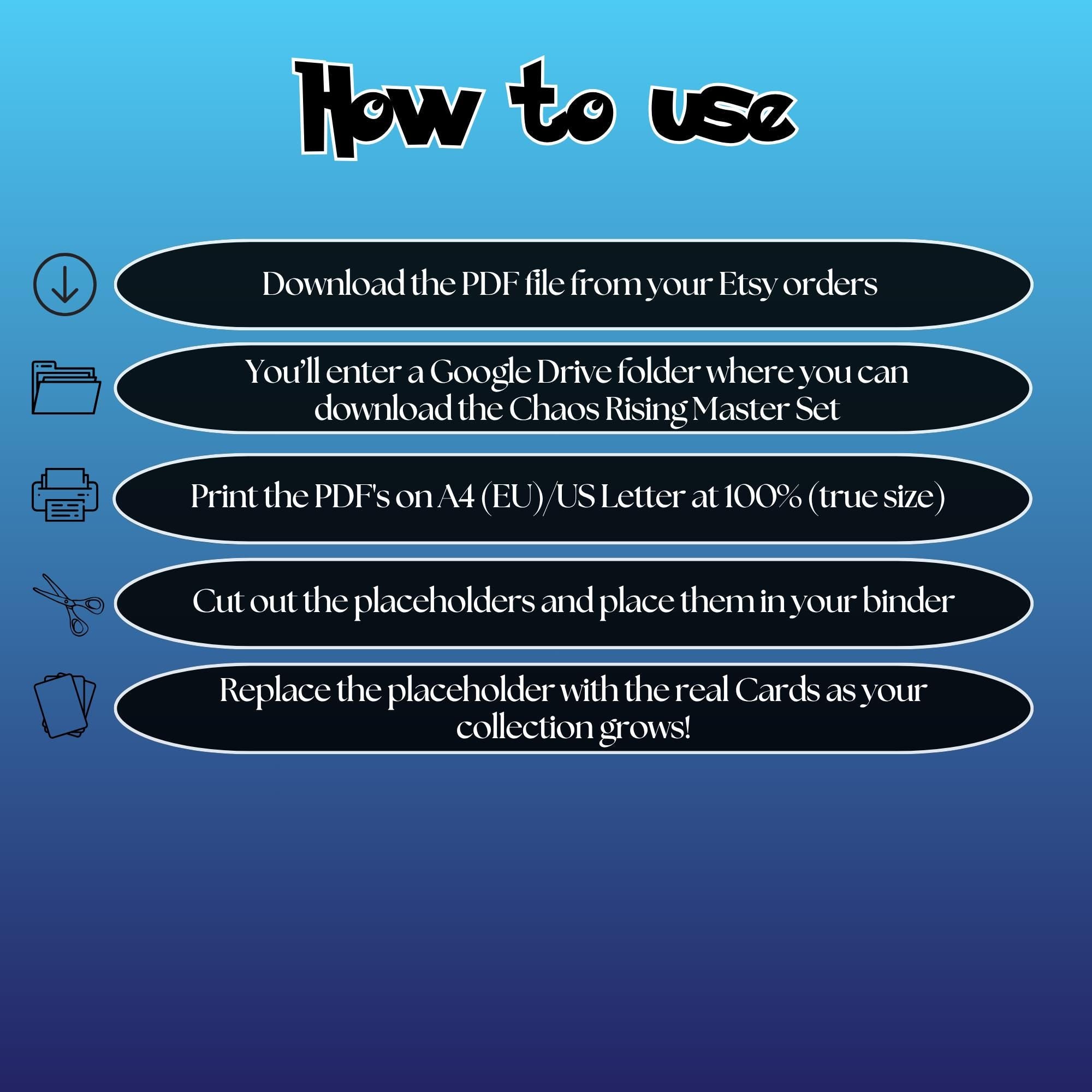 Chaos Rising digital download instructions explaining how to print, cut, and place placeholders in a Pokémon binder.