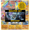 Machamp binder pages set showing grayscale and color Pokémon cards, designed as a digital download to complete a collector’s binder.