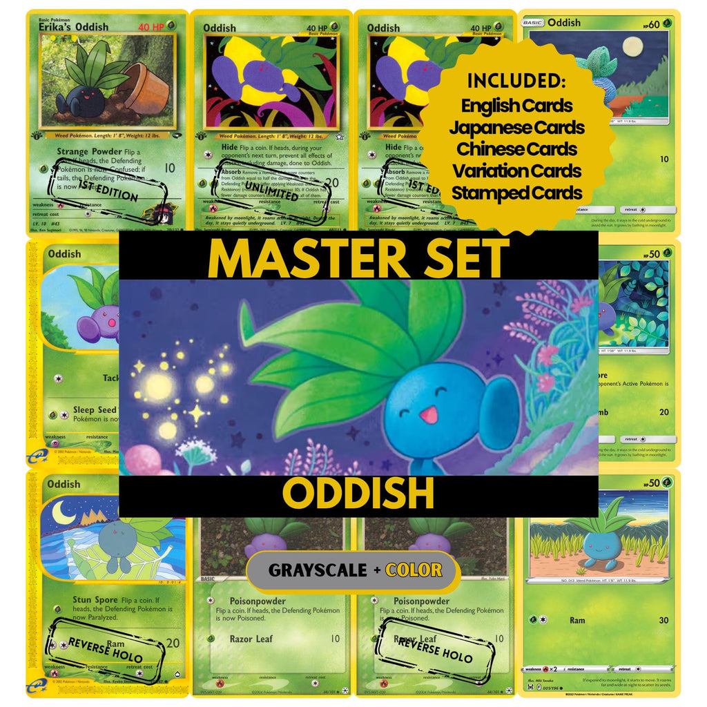 Oddish binder pages set showing grayscale and color Pokémon cards, designed as a digital download to complete a collector’s binder.