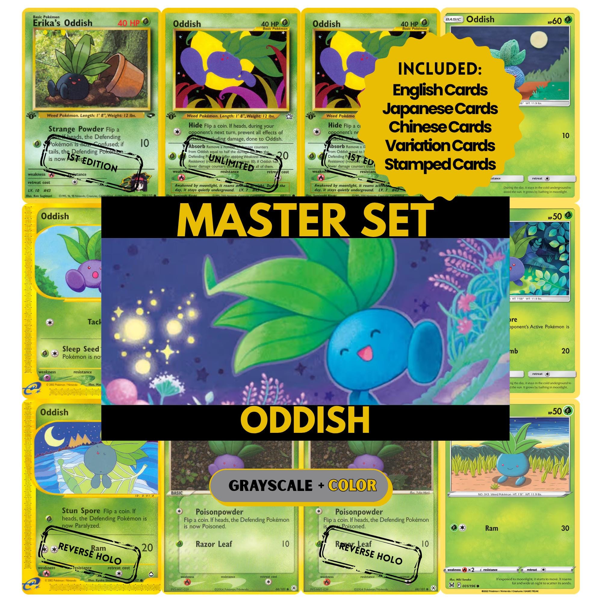 Oddish binder pages set showing grayscale and color Pokémon cards, designed as a digital download to complete a collector’s binder.