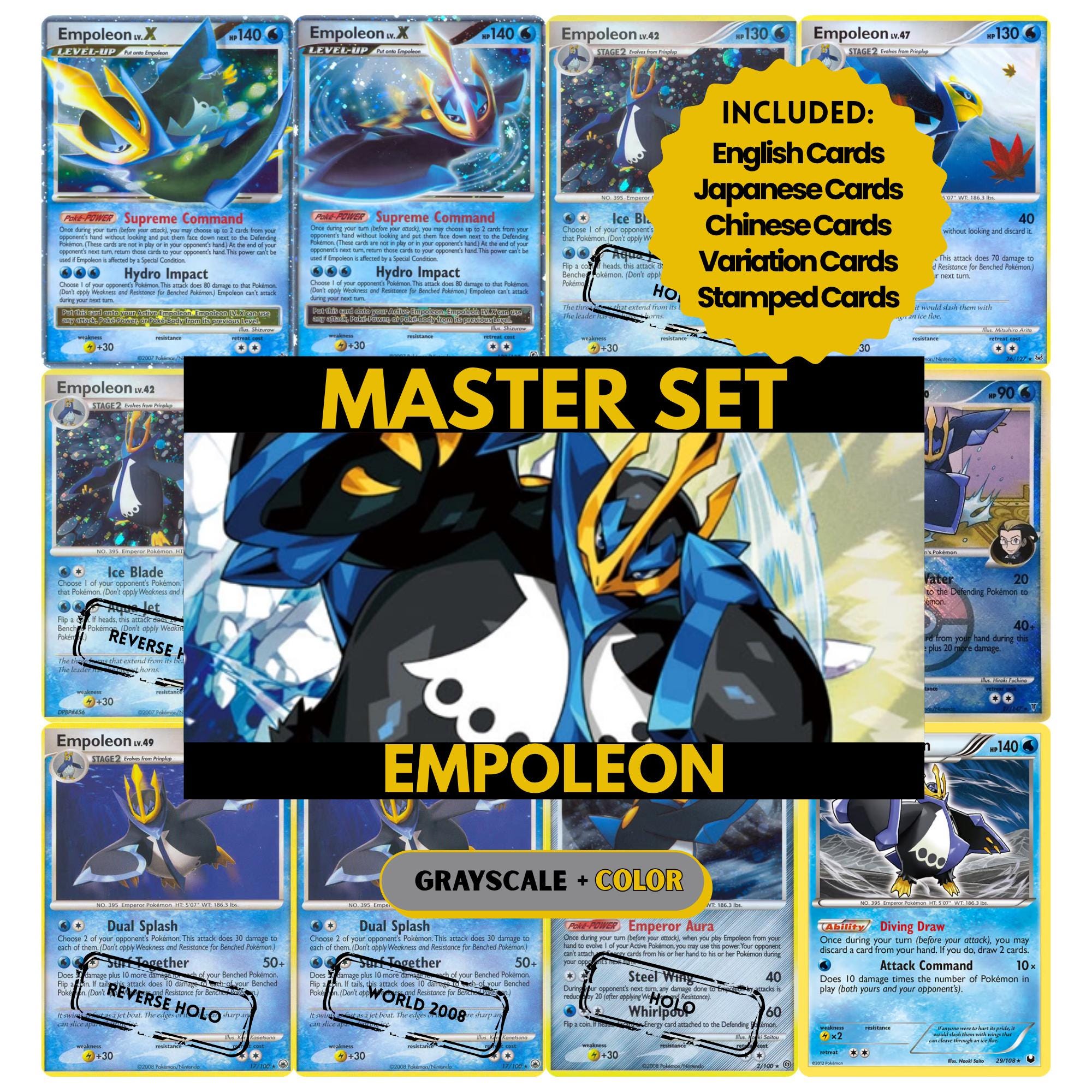 Empoleon binder pages set showing grayscale and color Pokémon cards, designed as a digital download to complete a collector’s binder.