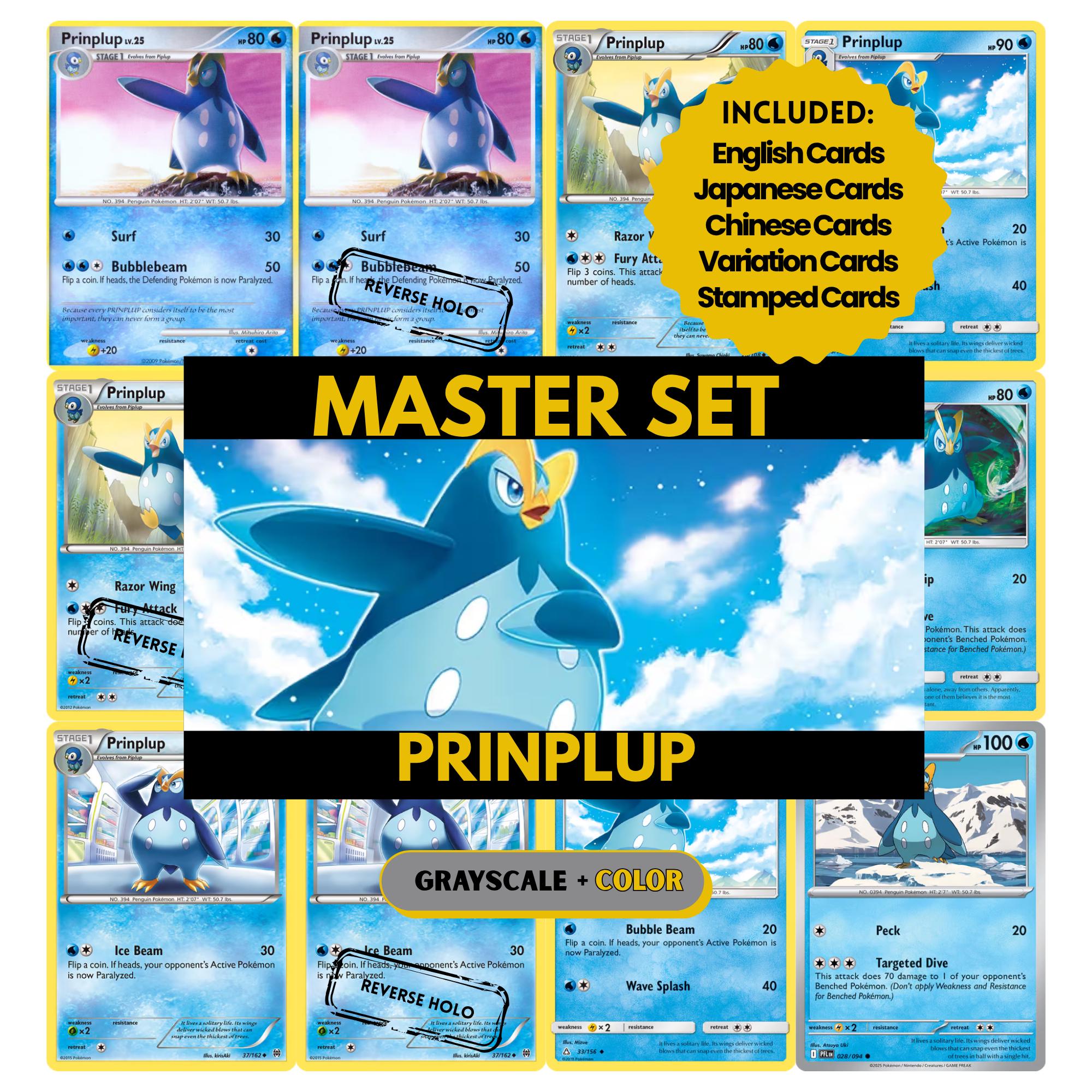Prinplup binder pages set showing grayscale and color Pokémon cards, designed as a digital download to complete a collector’s binder.