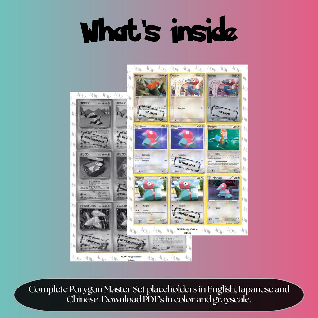 Porygon binder pages set overview showing the included Pokémon cards to print and cut for your binder sleeves.
