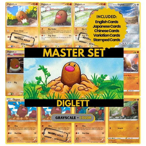 Diglett binder pages set showing grayscale and color Pokémon cards, designed as a digital download to complete a collector’s binder.