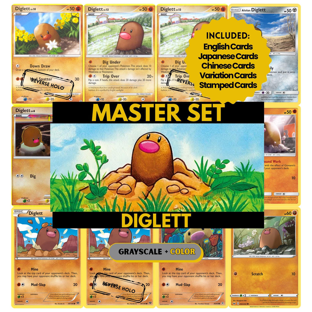 Diglett binder pages set showing grayscale and color Pokémon cards, designed as a digital download to complete a collector’s binder.