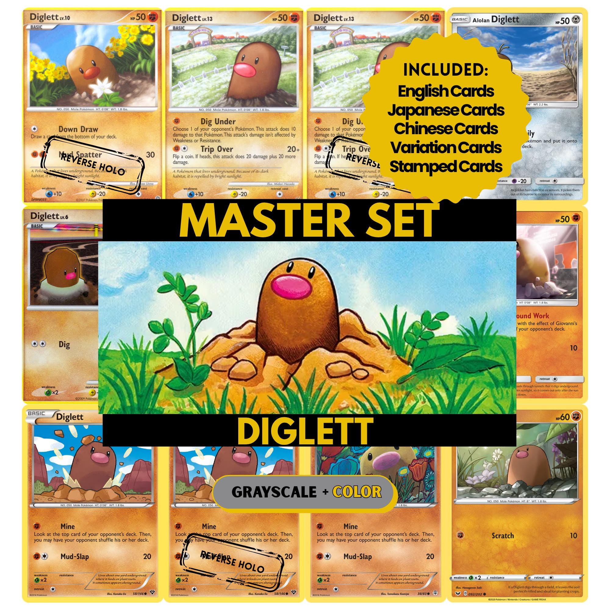 Diglett binder pages set showing grayscale and color Pokémon cards, designed as a digital download to complete a collector’s binder.