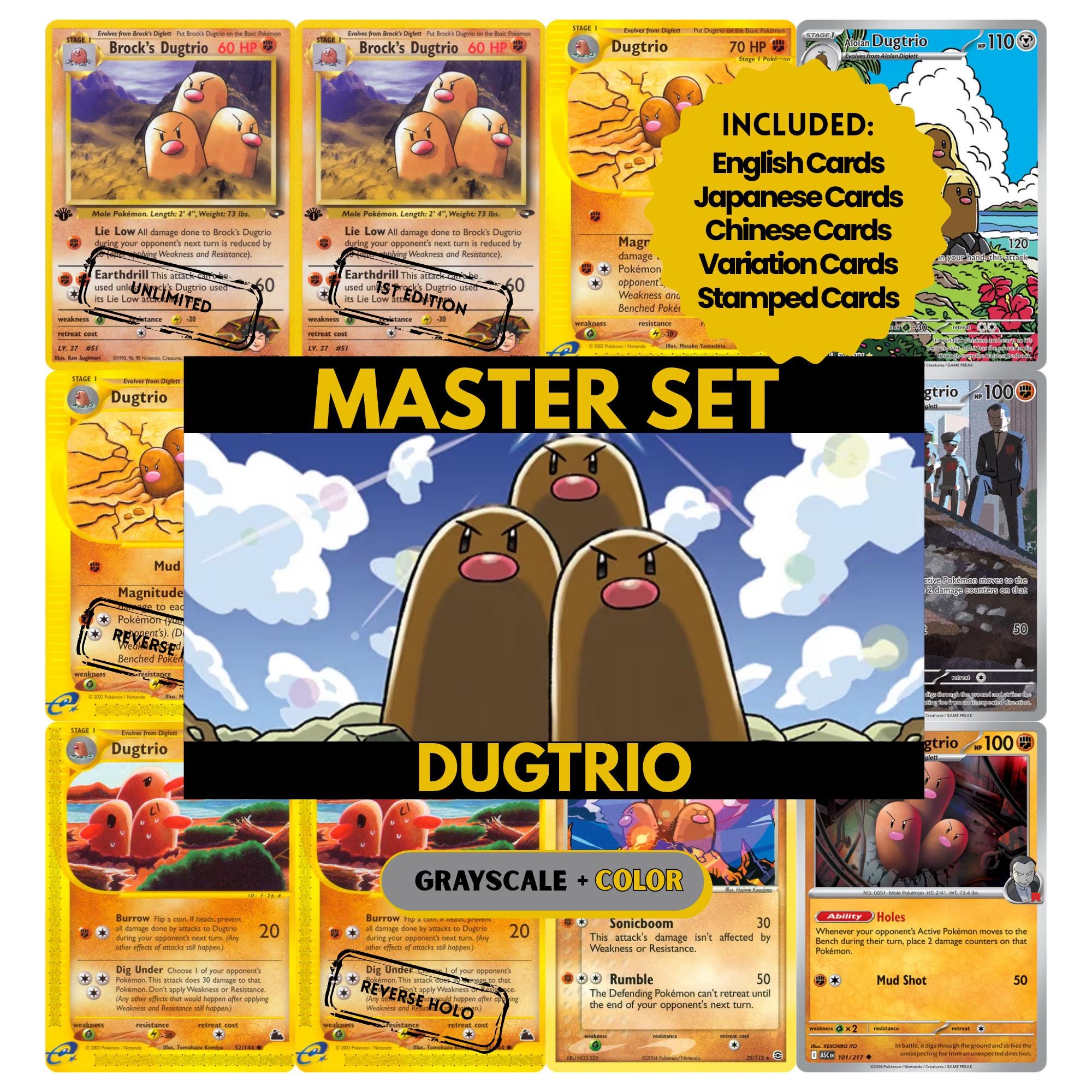 Dugtrio binder pages set showing grayscale and color Pokémon cards, designed as a digital download to complete a collector’s binder.