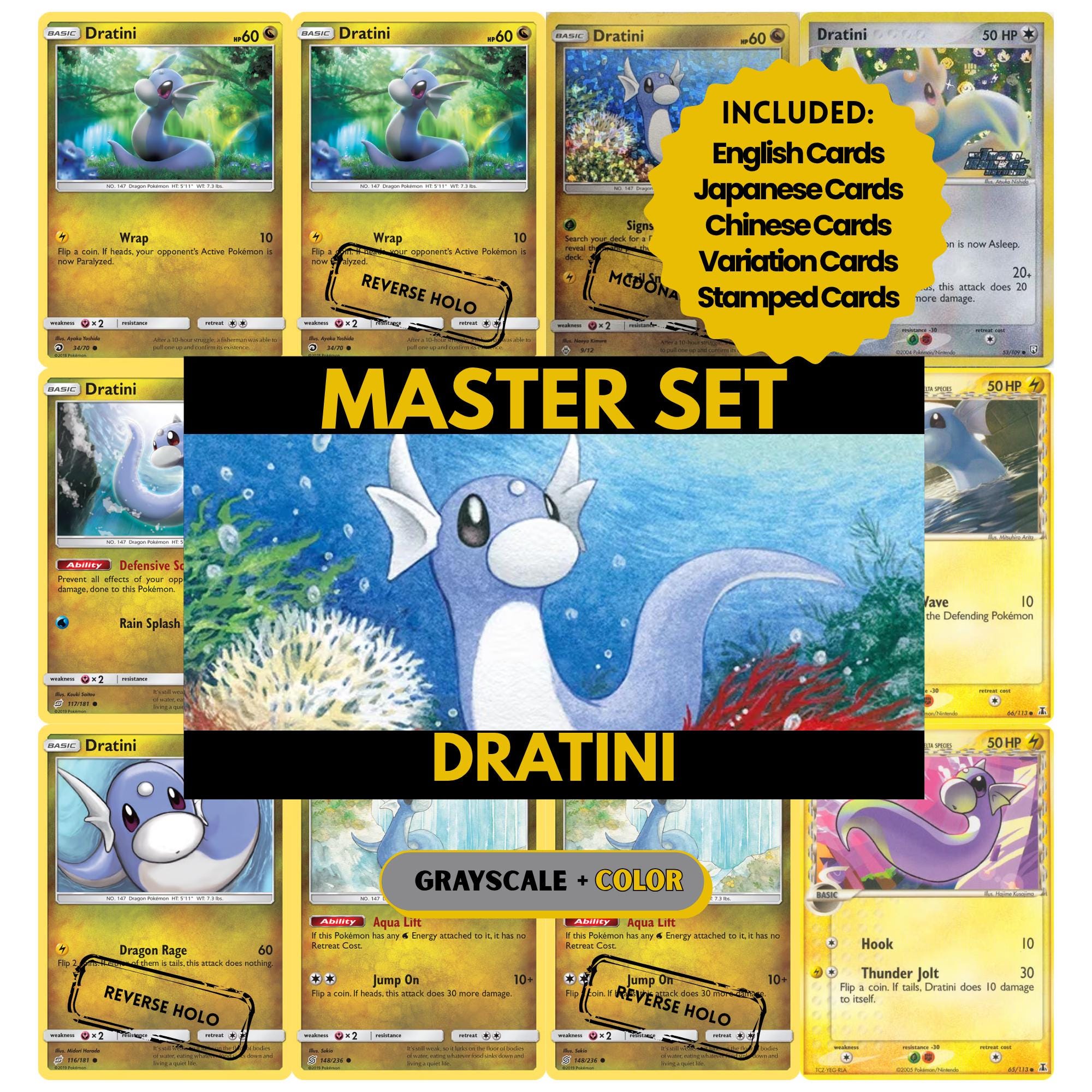 Dratini binder pages set showing grayscale and color Pokémon cards, designed as a digital download to complete a collector’s binder.