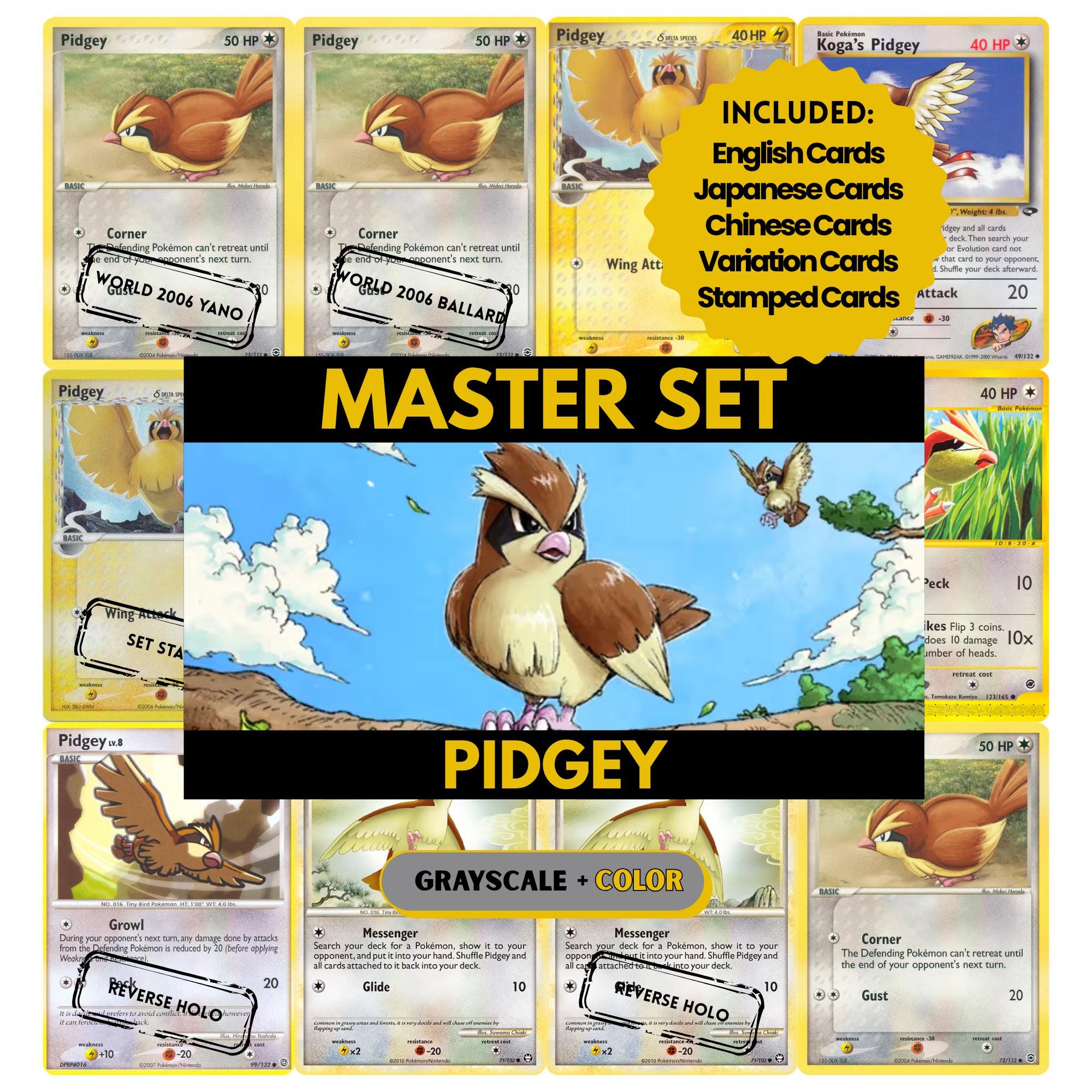 Pidgey binder pages set showing grayscale and color Pokémon cards, designed as a digital download to complete a collector’s binder.