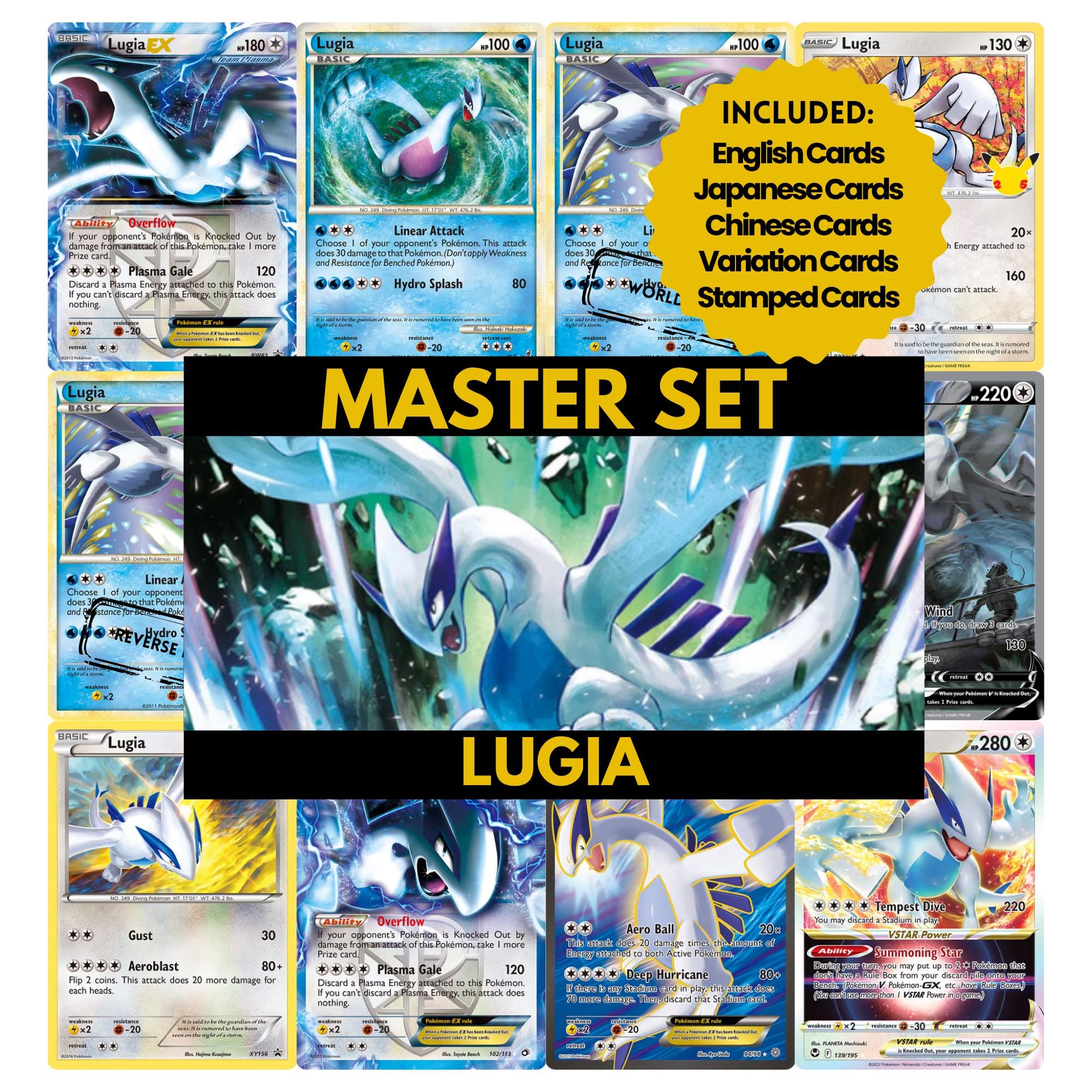 Lugia binder pages set showing grayscale and color Pokémon cards, designed as a digital download to complete a collector’s binder.