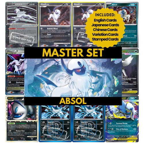 Absol master set binder page showing grayscale and color Pokémon cards, designed as a digital download to complete a collector’s binder.