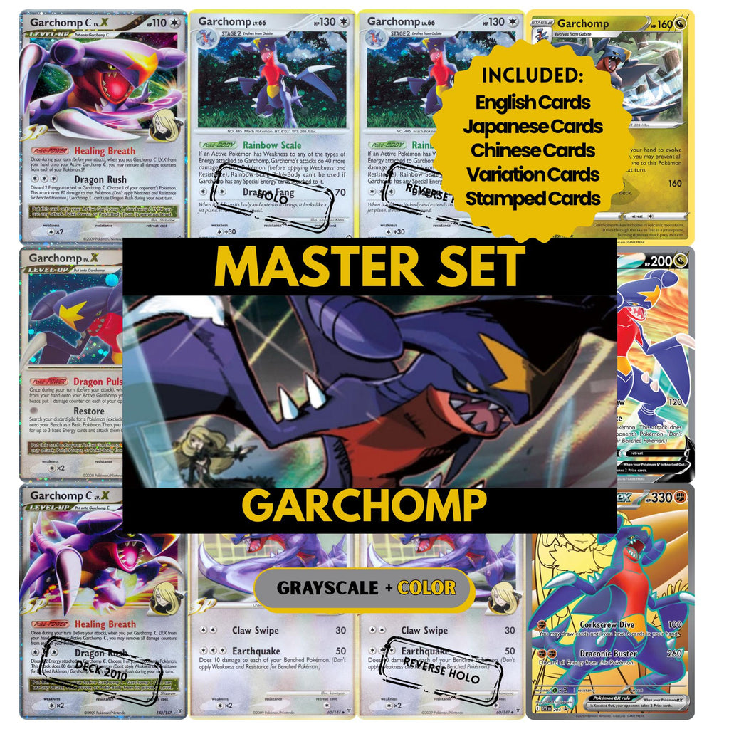 Garchomp binder pages set showing grayscale and color Pokémon cards, designed as a digital download to complete a collector’s binder.
