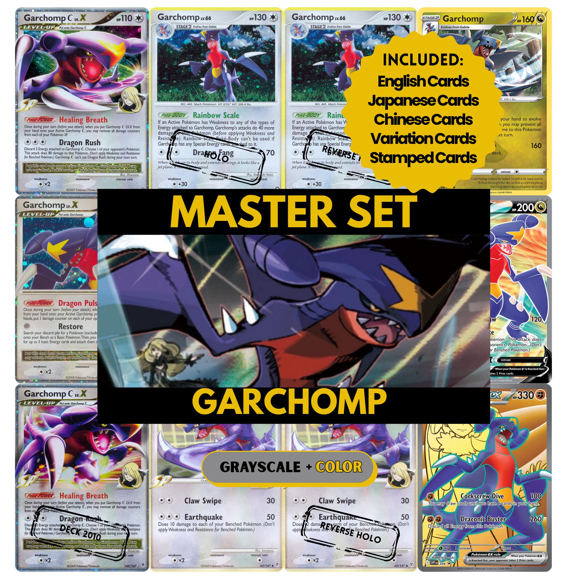 Garchomp binder pages set showing grayscale and color Pokémon cards, designed as a digital download to complete a collector’s binder.
