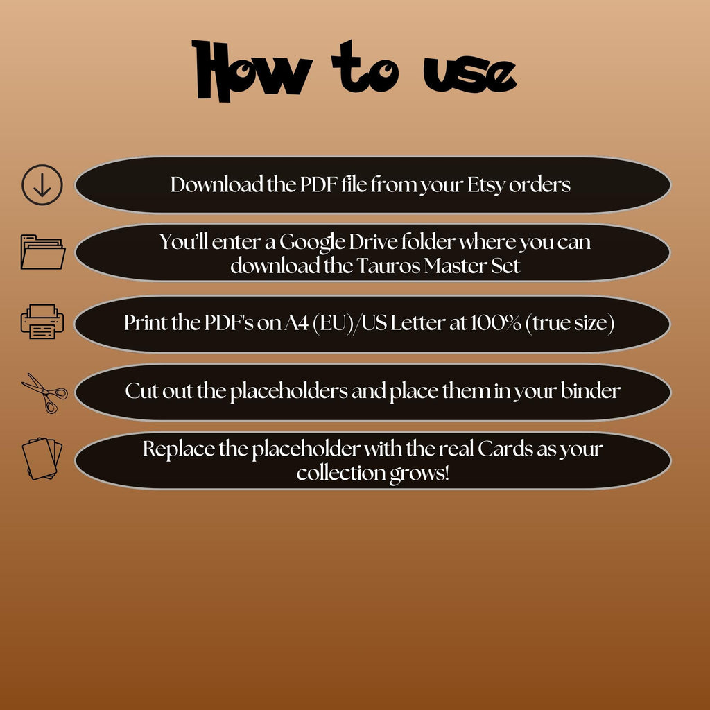 Tauros cards digital download instructions explaining how to print, cut, and place placeholders in a Pokémon binder.