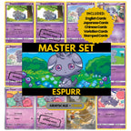 Espurr binder pages set showing grayscale and color Pokémon cards, designed as a digital download to complete a collector’s binder.