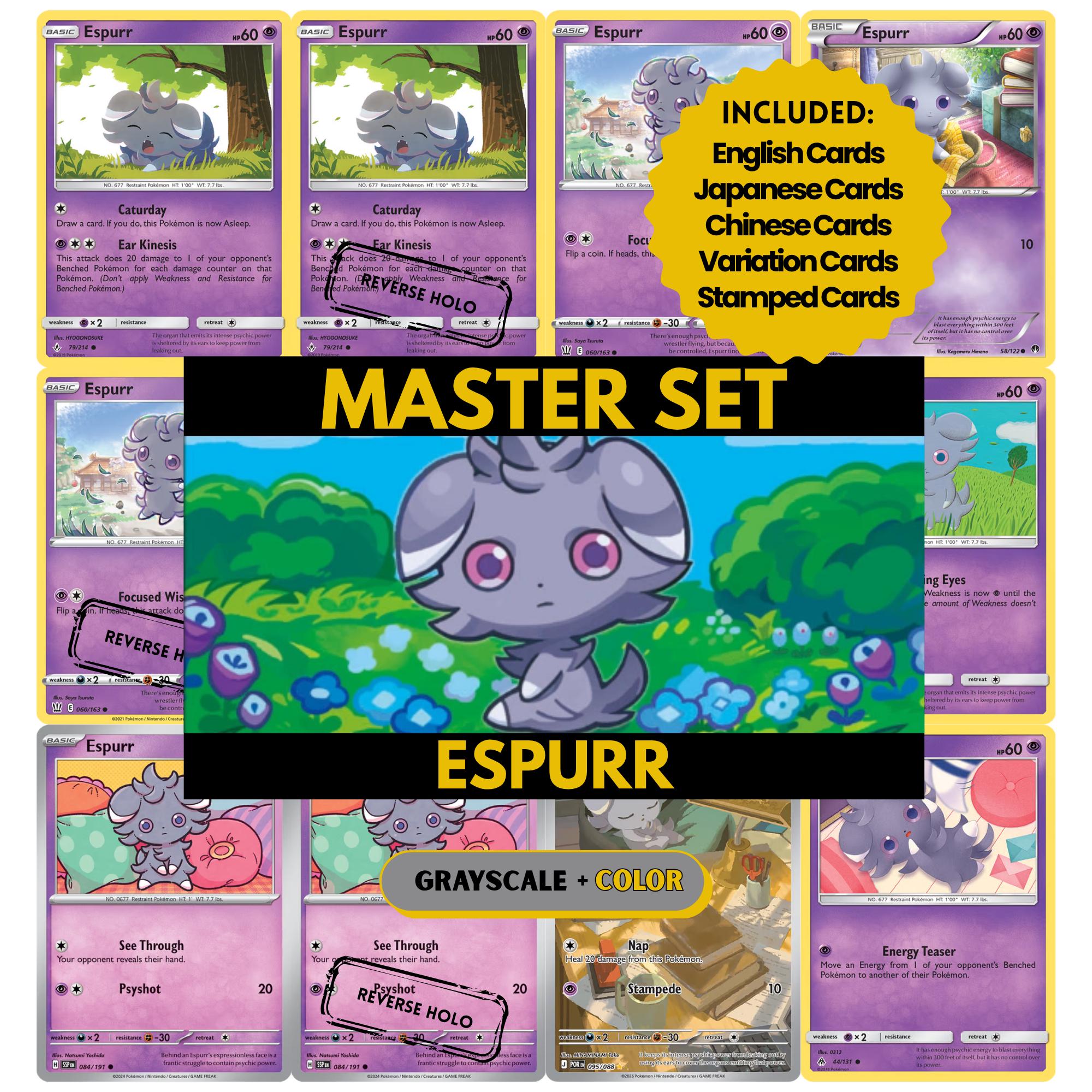 Espurr binder pages set showing grayscale and color Pokémon cards, designed as a digital download to complete a collector’s binder.