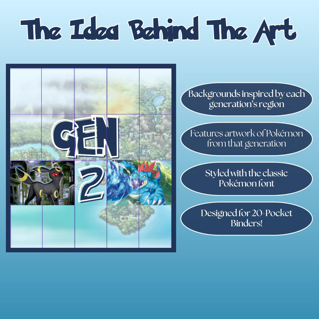 Generation themed Pokémon binder art inspired by Pokémon regions and designed for 20 pocket National Pokédex binders.