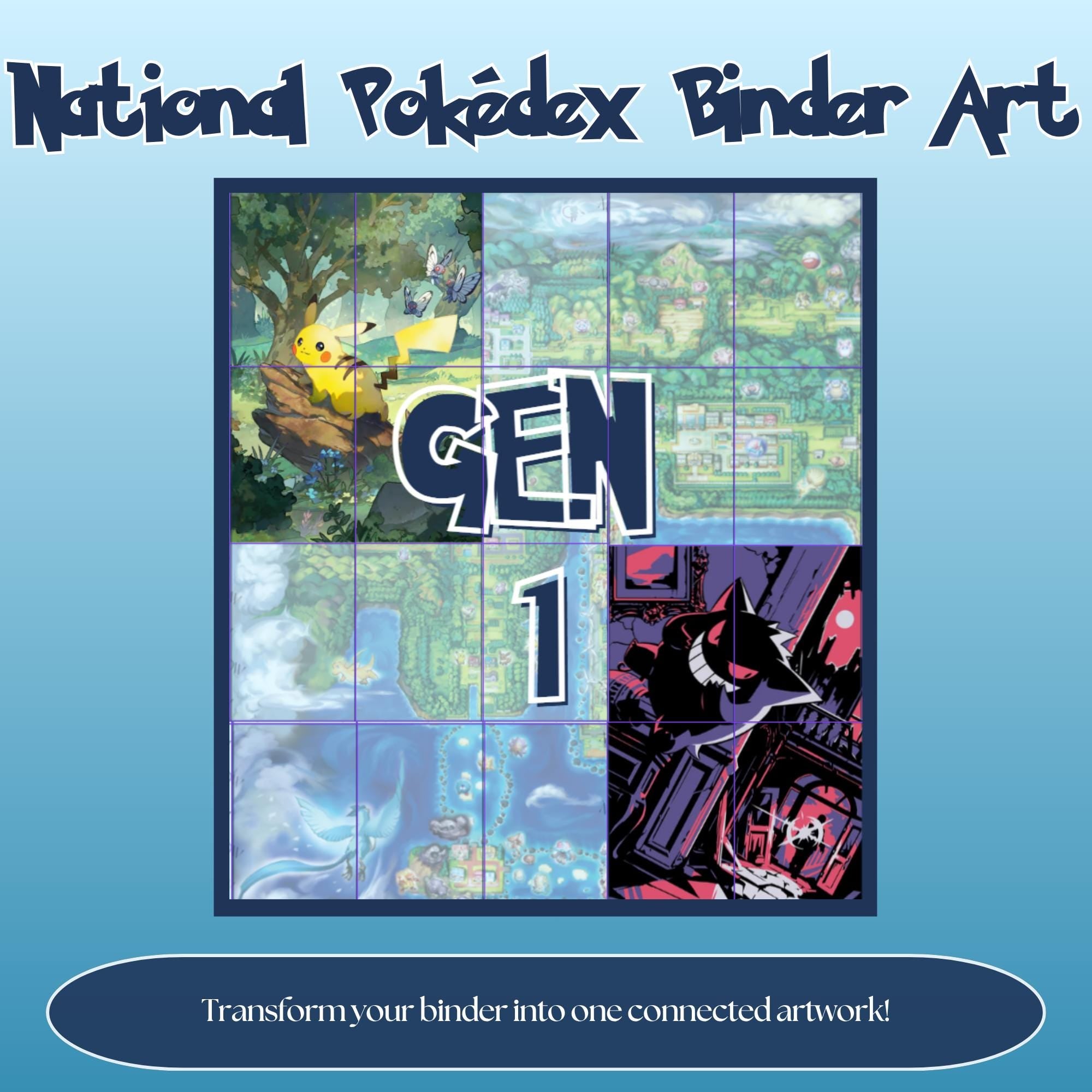 Generation themed Pokémon binder art inspired by Pokémon regions and designed for 20 pocket National Pokédex binders.