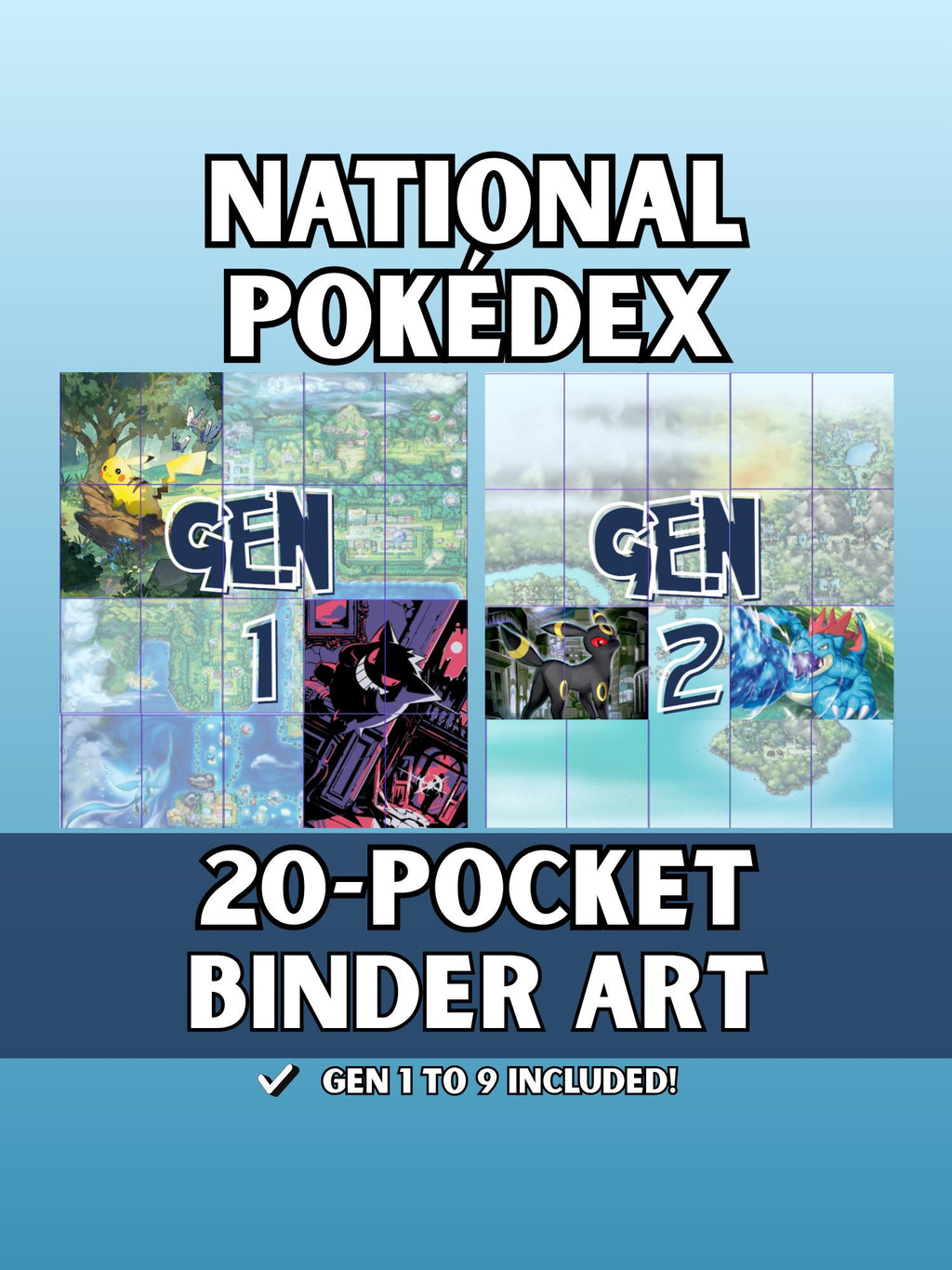 National Pokédex binder art for 20 pocket binders featuring Generation 1 Pokémon artwork designed as printable full-page binder art.