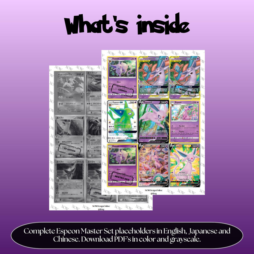 Espeon binder pages set overview showing the included Pokémon cards to print and cut for your binder sleeves.