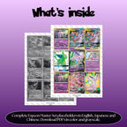 Espeon binder pages set overview showing the included Pokémon cards to print and cut for your binder sleeves.