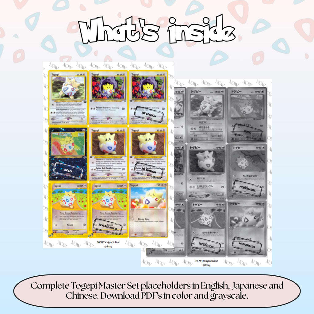 Togepi binder pages set overview showing the included Pokémon cards to print and cut for your binder sleeves.