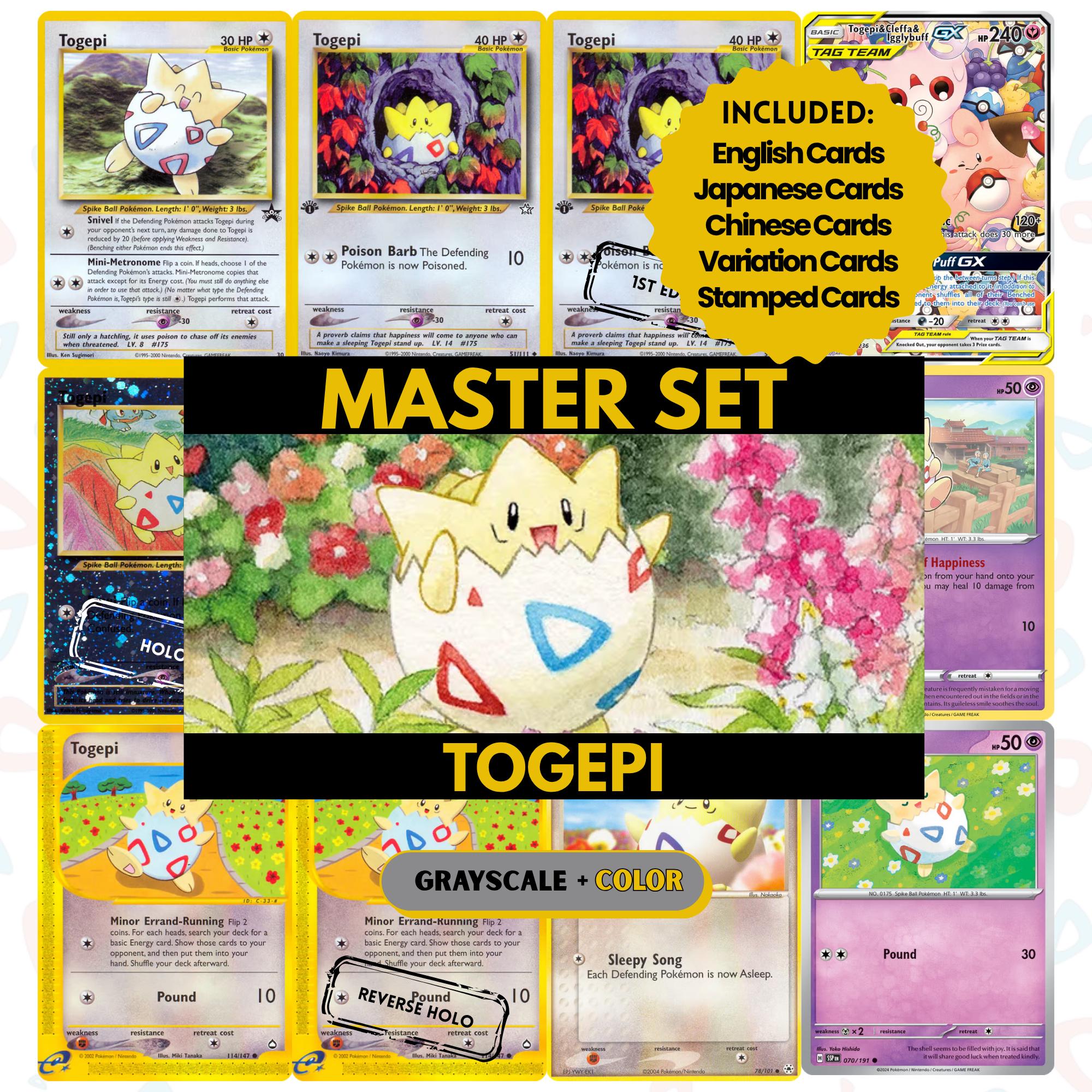 Togepi binder pages set showing grayscale and color Pokémon cards, designed as a digital download to complete a collector’s binder.