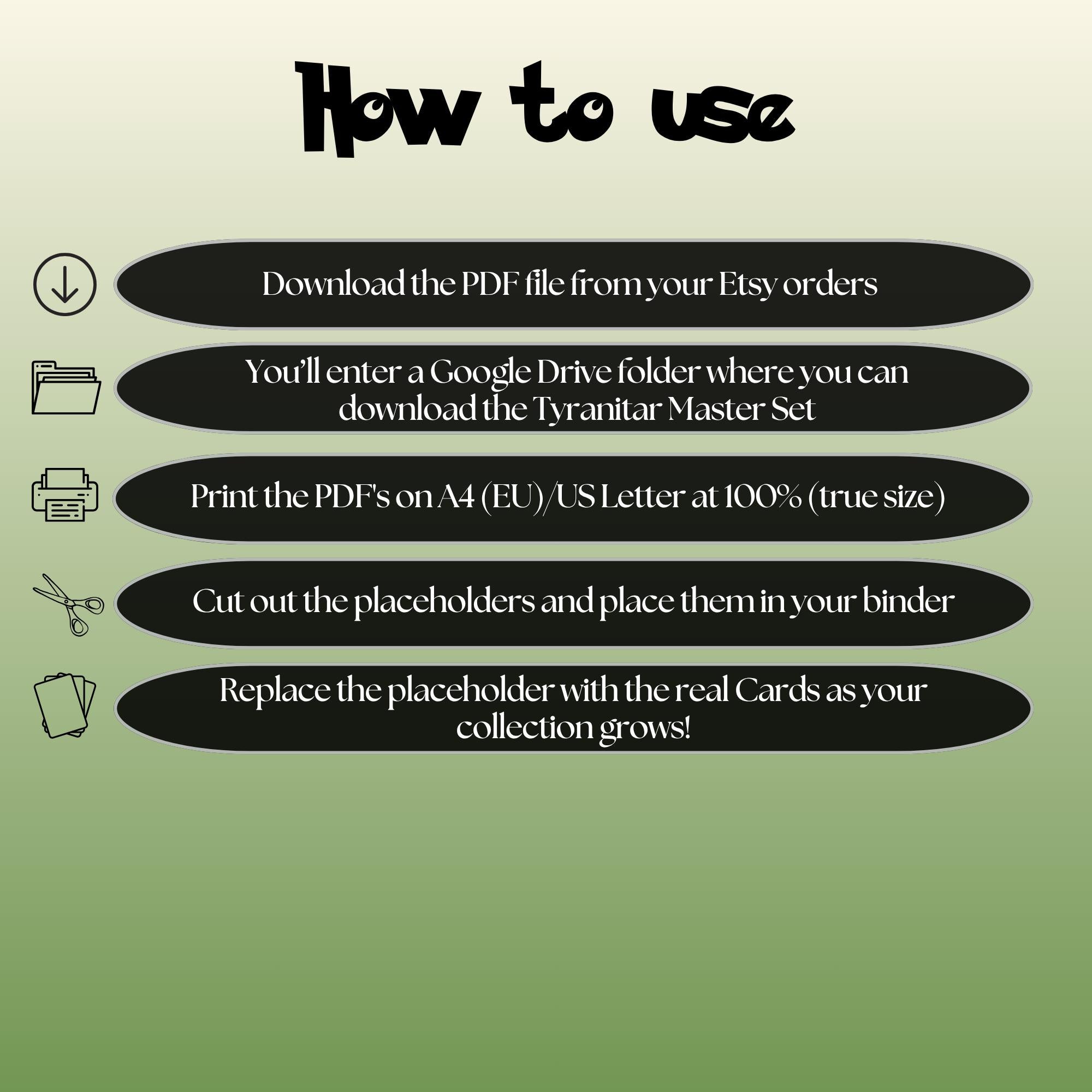 Tyranitar cards digital download instructions explaining how to print, cut, and place placeholders in a Pokémon binder.
