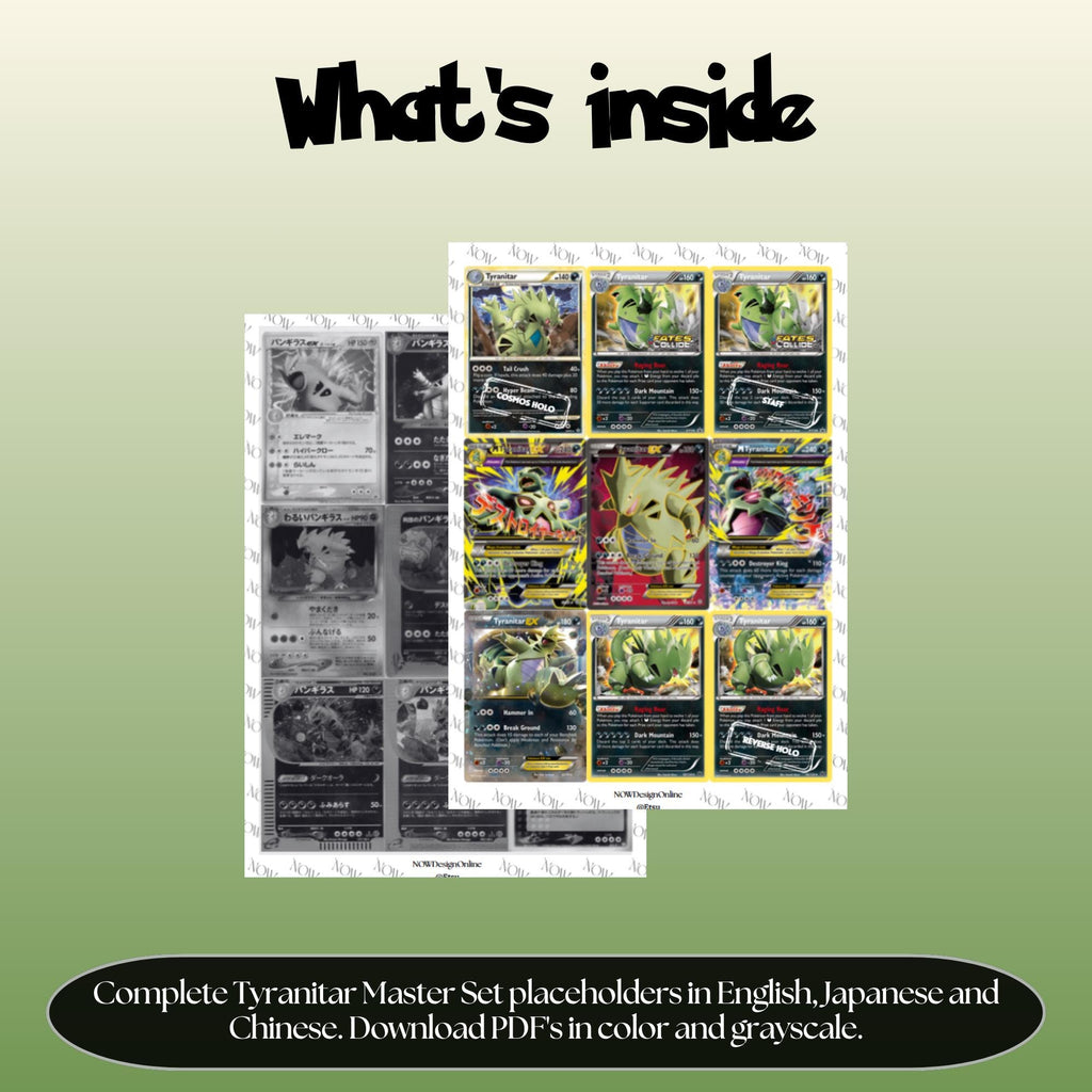Tyranitar binder pages set overview showing the included Pokémon cards to print and cut for your binder sleeves.