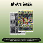 Tyranitar binder pages set overview showing the included Pokémon cards to print and cut for your binder sleeves.
