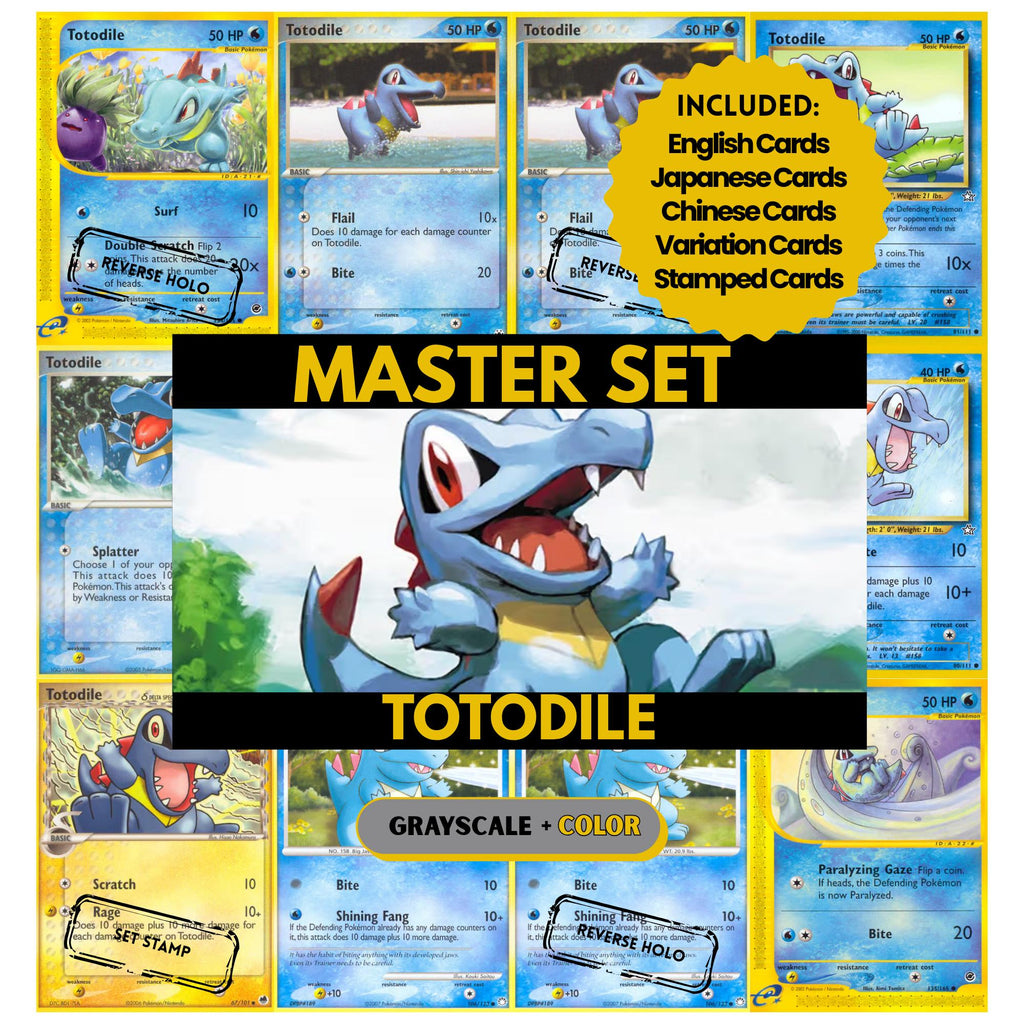 Totodile binder pages set showing grayscale and color Pokémon cards, designed as a digital download to complete a collector’s binder.