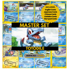 Totodile binder pages set showing grayscale and color Pokémon cards, designed as a digital download to complete a collector’s binder.