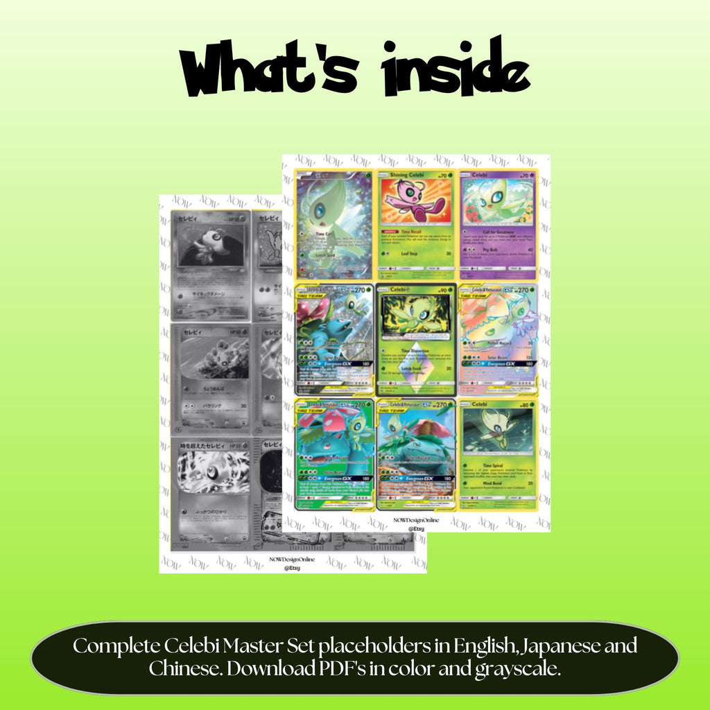 Celebi binder pages set overview showing the included Pokémon cards to print and cut for your binder sleeves.